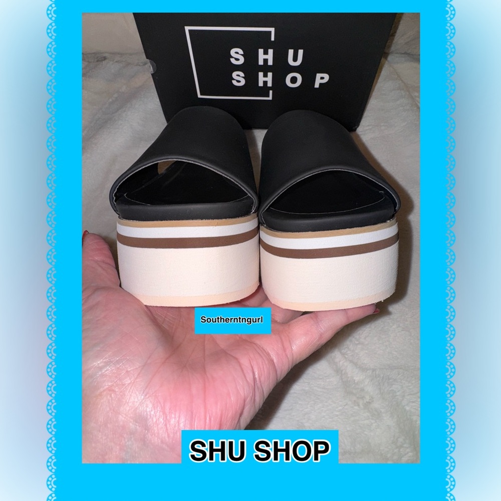 NWT SHUSHOP ”Jade” Faux leather Black/Ivory Color Block Platforms Sandals - Picture 12 of 15